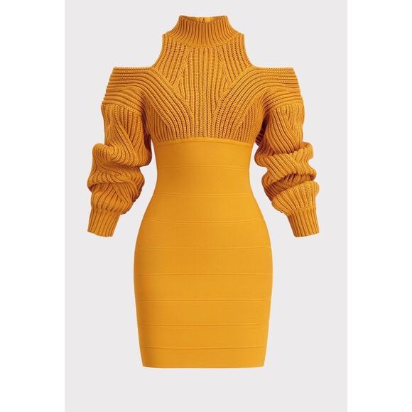 Herve Leger Dresses & Skirts - Herve Leger Mustard Yellow Knit Combo Bandage Dress Cold Shoulder Small